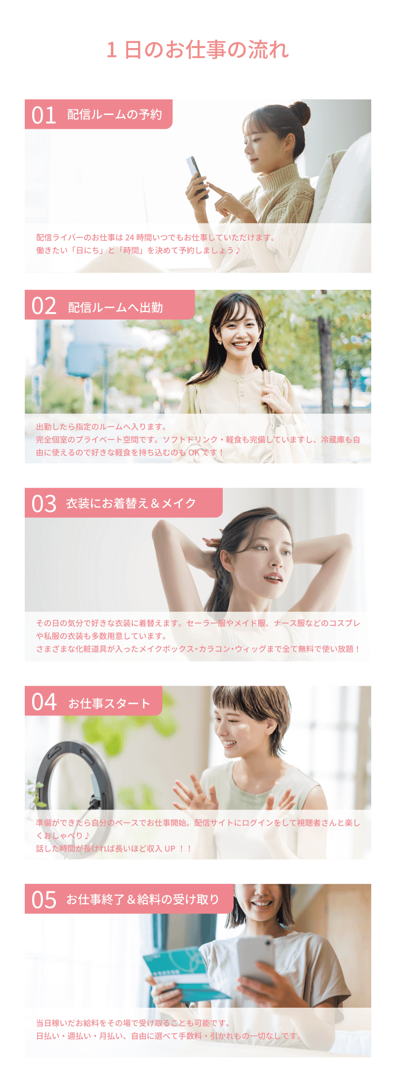 ライバーラビット薬院での1日の流れについて 配信ルームの予約/24時間いつでもお仕事できます！働きたい日にちと時間を決めて予約しよう♪・配信ルームへの出勤/出勤の日にルームへ入ります。完全個室のプライベート空間はソフトドリンクや軽食も完備してあります！・衣装にお着換え/その日の気分で好きな衣装に！コスプレもありますし自分の私服でもOK！化粧道具やカラコン、メイク道具も使い放題！・お仕事スタート/準備ができたら自分のペースでお仕事開始！話した時間が長いほど給料もアップ！・お給料受け取り/当日稼いだお金をその場で受け取ることも可能です。日払い、週払い、半月払い、月払いと自由に選べます！手数料や引かれ物は一切ありません！