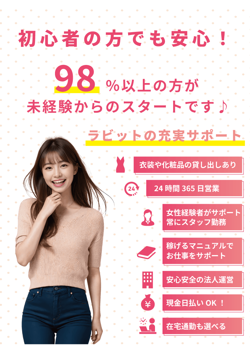 配信ライバー初心者でも安心！ 98％以上の方が配信ライバー未経験からのスタートです♪ ライバーラビット薬院の充実サポート・衣装や化粧品の貸し出しあり・24時間365日年中無休・女性経験者がサポートします・常にスタッフ常勤・稼げるマニュアルでお仕事をサポート・安心安全の法人運営・現金日払いもＯＫ！・在宅通勤も選べます！・ライブチャット・ライブ配信・配信ライバーは未経験からでも問題ないです！