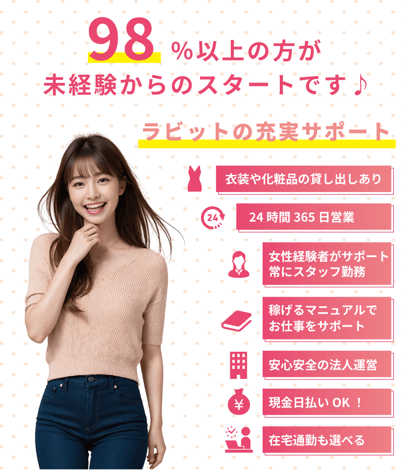 配信ライバー初心者でも安心！ 98％以上の方が配信ライバー未経験からのスタートです♪ ライバーラビット薬院の充実サポート・衣装や化粧品の貸し出しあり・24時間365日年中無休・女性経験者がサポートします・常にスタッフ常勤・稼げるマニュアルでお仕事をサポート・安心安全の法人運営・現金日払いもＯＫ！・在宅通勤も選べます！・ライブチャット・ライブ配信・配信ライバーは未経験からでも問題ないです！