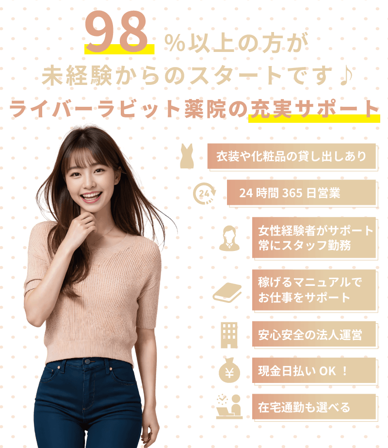 配信ライバー初心者でも安心！ 98％以上の方が配信ライバー未経験からのスタートです♪ ライバーラビット薬院の充実サポート・衣装や化粧品の貸し出しあり・24時間365日年中無休・女性経験者がサポートします・常にスタッフ常勤・稼げるマニュアルでお仕事をサポート・安心安全の法人運営・現金日払いもＯＫ！・在宅通勤も選べます！・ライブチャット・ライブ配信・配信ライバーは未経験からでも問題ないです！